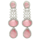 Rhodium Plated with Long Tear Drop Design Pink & White American Diamond Drop Earrings