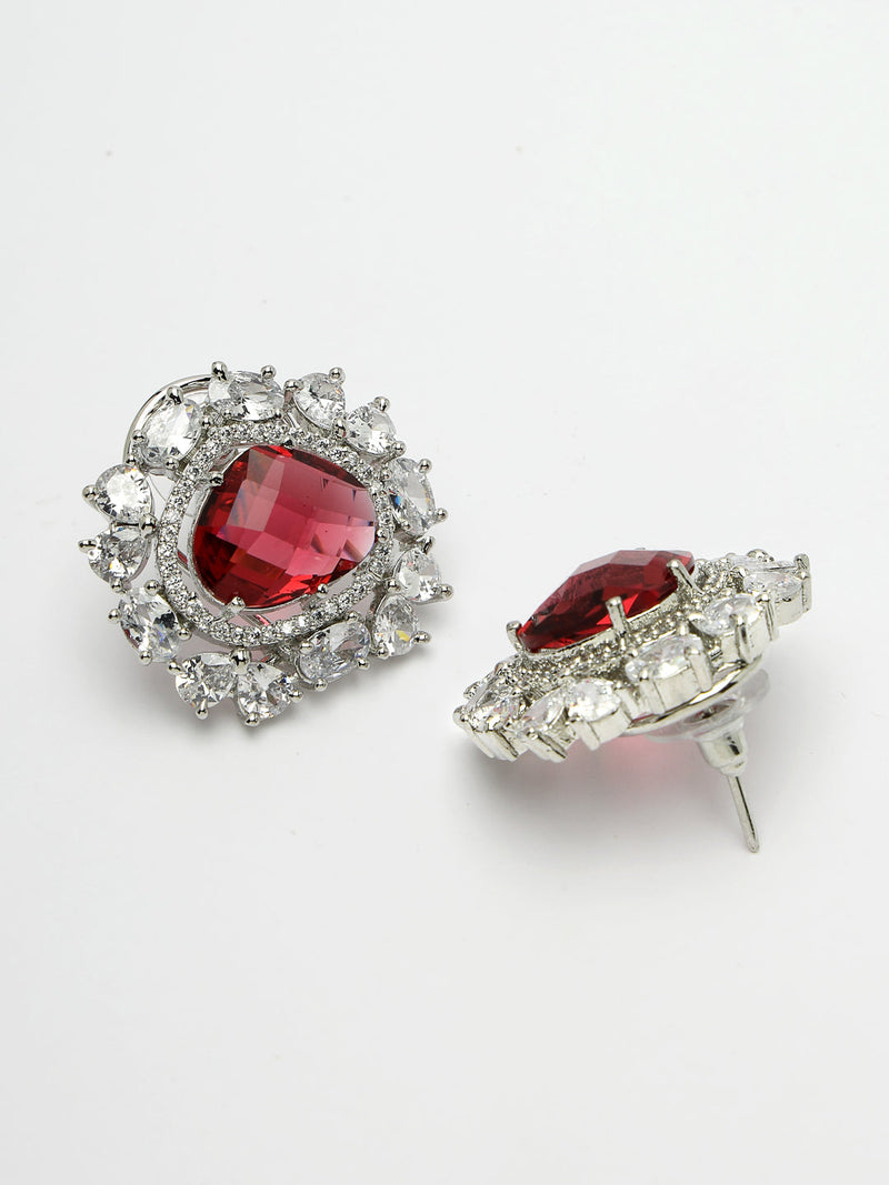 Rhodium Plated Round Floral Design with Red & White American Diamond Stud Earrings