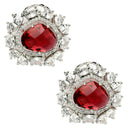 Rhodium Plated Round Floral Design with Red & White American Diamond Stud Earrings