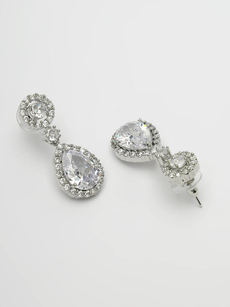Rhodium Plated with White American Diamond Circular & Teardrop Shaped Drop Earrings
