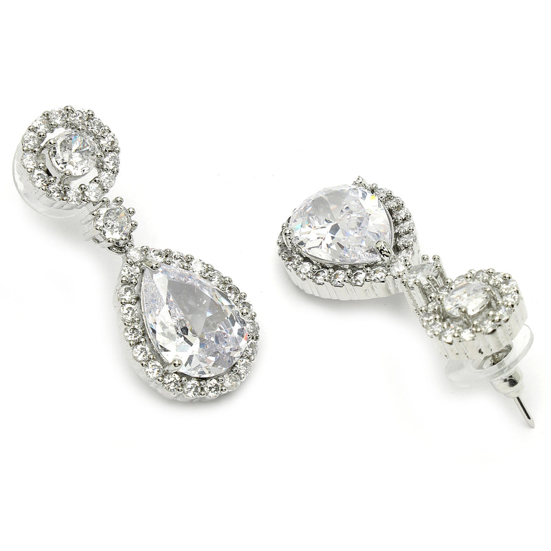 Rhodium Plated with White American Diamond Circular & Teardrop Shaped Drop Earrings