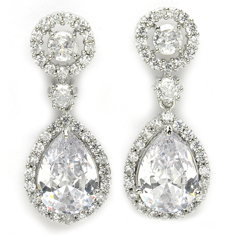 Rhodium Plated with White American Diamond Circular & Teardrop Shaped Drop Earrings