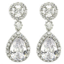 Rhodium Plated with White American Diamond Circular & Teardrop Shaped Drop Earrings