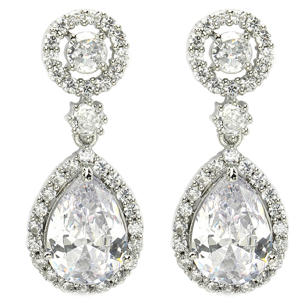 Rhodium Plated with White American Diamond Circular & Teardrop Shaped Drop Earrings