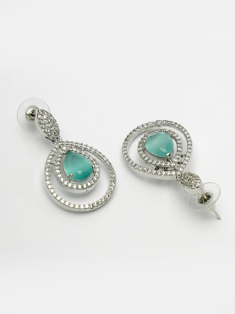 Rhodium Plated Silver Toned with Teardrop Shaped Ocean Blue & White American Diamond Drop Earrings