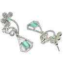 Rhodium Plated Geometric Floral Sea Green American Diamond Contemporary Long Drop Earrings