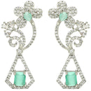 Rhodium Plated with Stylish Flower Design Ocean Blue & White American Diamond Small Drop Earrings
