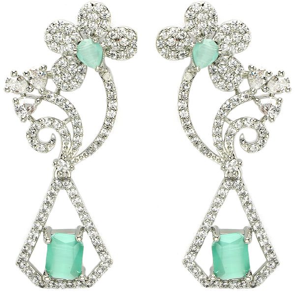 Rhodium Plated with Stylish Flower Design Ocean Blue & White American Diamond Small Drop Earrings