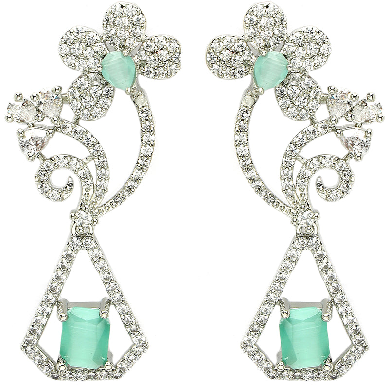 Rhodium Plated with Stylish Flower Design Ocean Blue & White American Diamond Small Drop Earrings