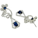 Rhodium Plated Geometric Floral Blue American Diamond Contemporary Long Drop Earrings