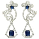 Rhodium Plated with Stylish Flower Design Blue & White American Diamond Small Drop Earrings