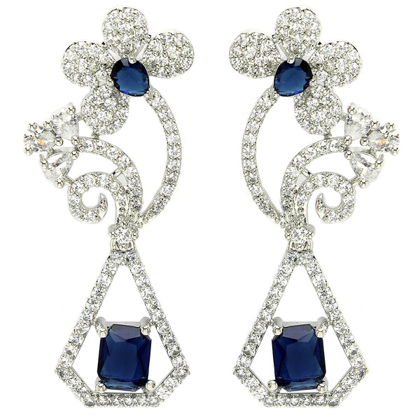 Rhodium Plated with Stylish Flower Design Blue & White American Diamond Small Drop Earrings