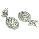 Rhodium Plated Teardrop Sea Green American Diamond Contemporary Long Drop Earrings