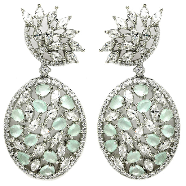 Rhodium Plated Tiny Tear Drops Ocean Blue & White American diamond Small Drop Earrings