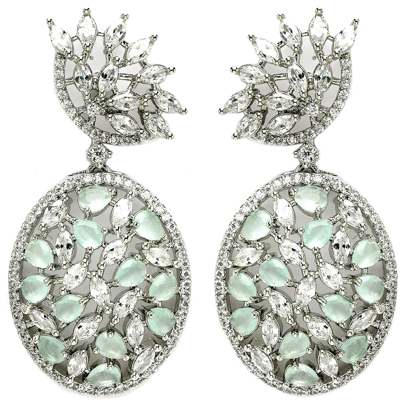 Rhodium Plated Tiny Tear Drops Ocean Blue & White American diamond Small Drop Earrings