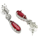 Rhodium Plated Pear Red American Diamond Contemporary Long Drop Earrings