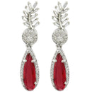 Rhodium Plated Silver Toned with Red American Diamond Small Drop Earrings