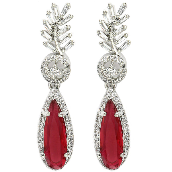 Rhodium Plated Silver Toned with Red American Diamond Small Drop Earrings