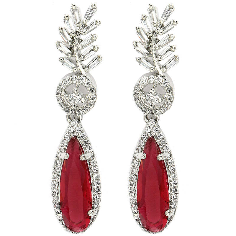 Rhodium Plated Silver Toned with Red American Diamond Small Drop Earrings