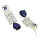 Rhodium Plated Sleek Oval Blue American Diamond Contemporary Long Drop Earrings