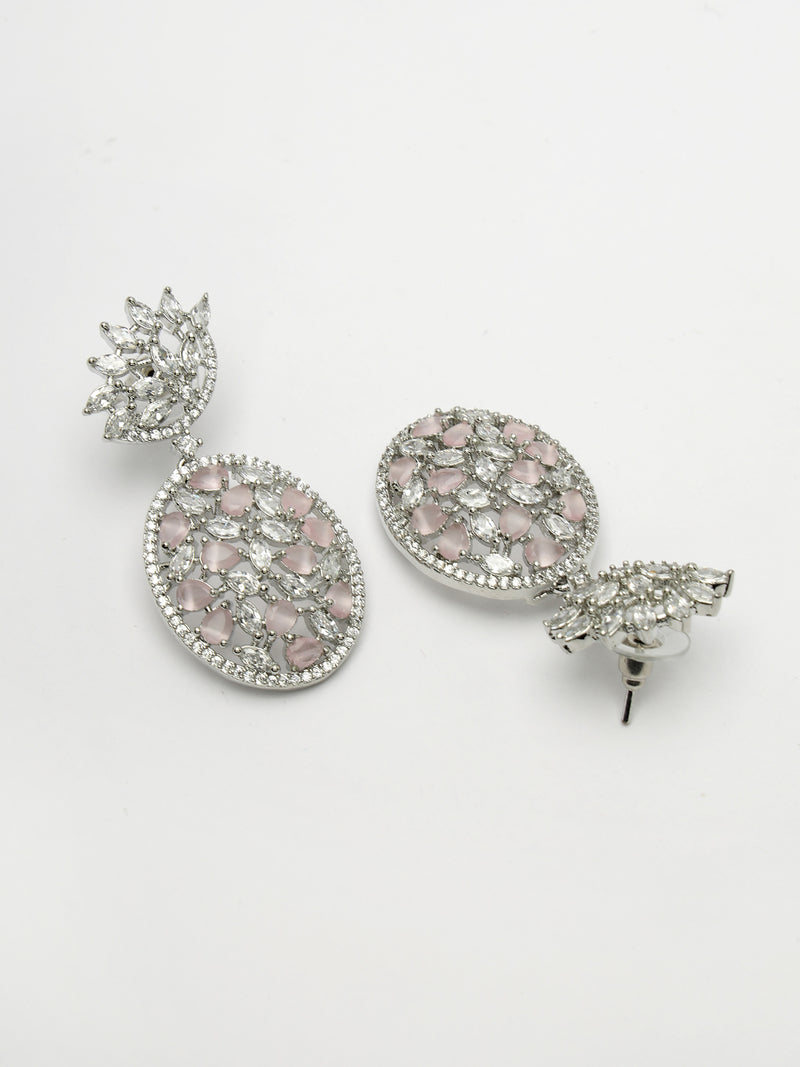 Rhodium Plated Tiny Tear Drops Pink & White American diamond Small Drop Earrings