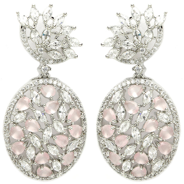Rhodium Plated Tiny Tear Drops Pink & White American diamond Small Drop Earrings
