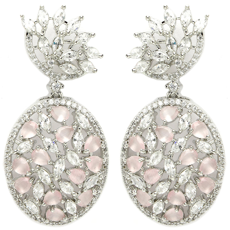 Rhodium Plated Tiny Tear Drops Pink & White American diamond Small Drop Earrings