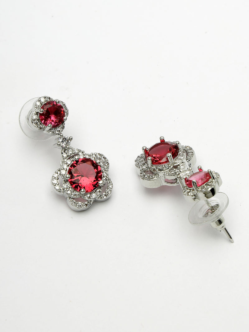 Rhodium Plated with Dual Red American Diamonds Drop Earrings