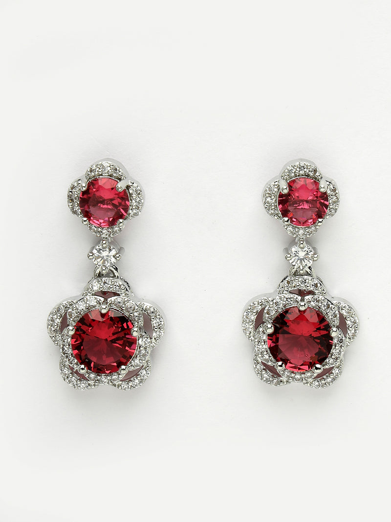 Rhodium Plated with Dual Red American Diamonds Drop Earrings