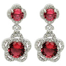 Rhodium Plated with Dual Red American Diamonds Drop Earrings
