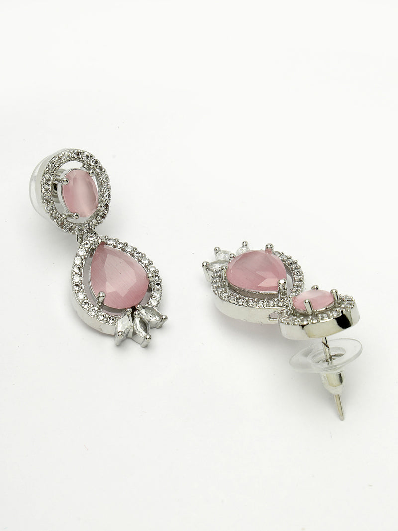 Rhodium Plated with Pink & White American Diamond Small Drop Earrings