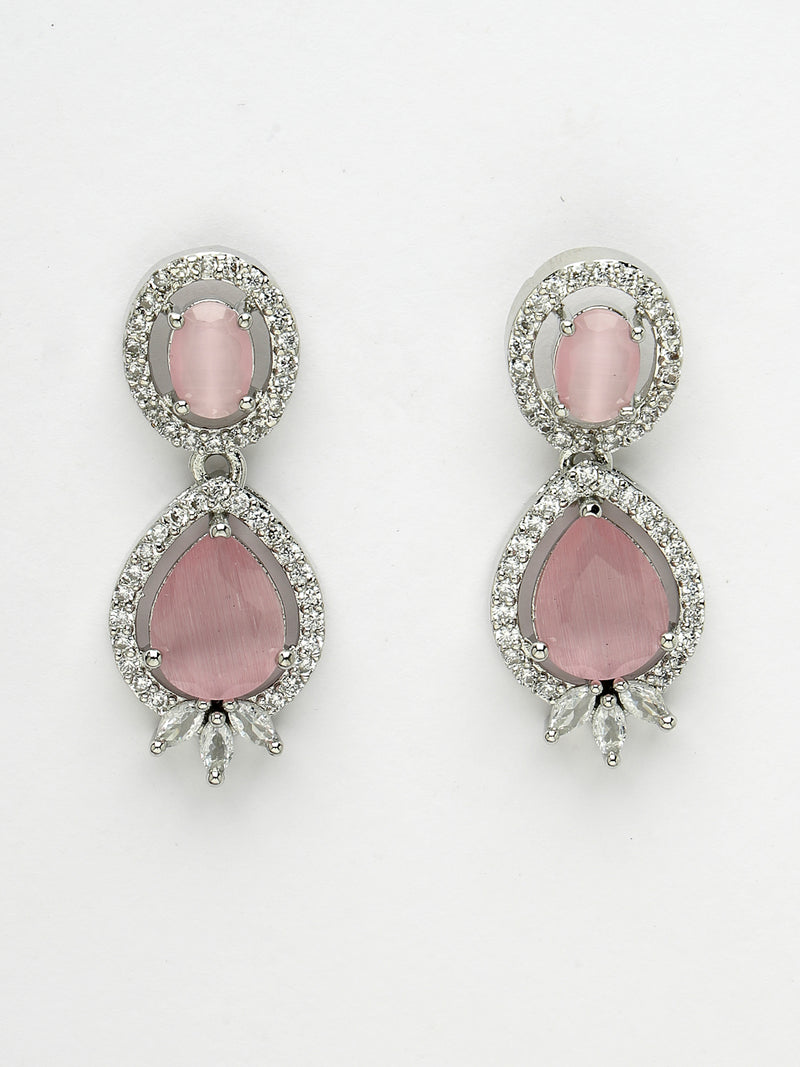 Rhodium Plated with Pink & White American Diamond Small Drop Earrings