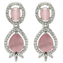 Rhodium Plated with Pink & White American Diamond Small Drop Earrings