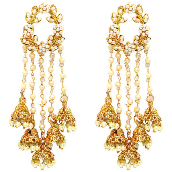 Gold Plated with White Pearl Bedded Handcrafted Jhumka Dangle Earrings