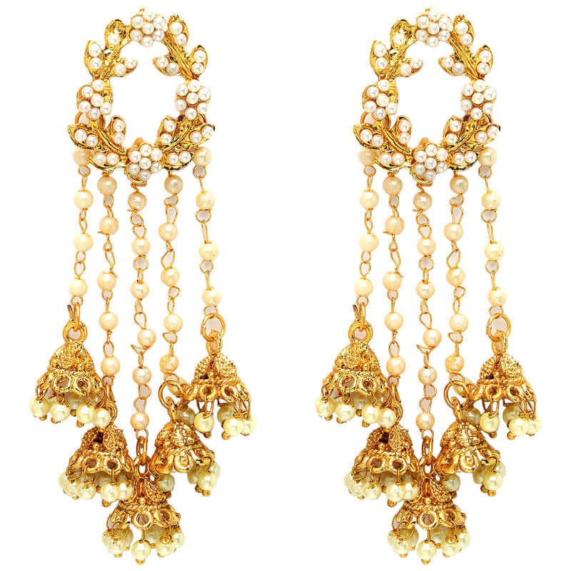 Gold Plated with White Pearl Bedded Handcrafted Jhumka Dangle Earrings