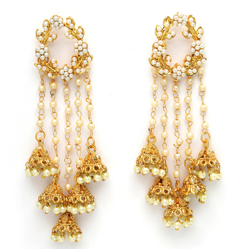 Gold Plated with White Pearl Bedded Handcrafted Jhumka Dangle Earrings