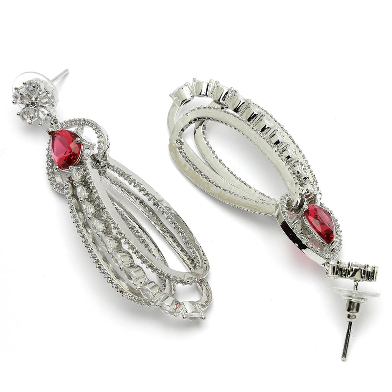 Rhodium Plated with Cluster Design Red & White American Diamond Dangler Earrings