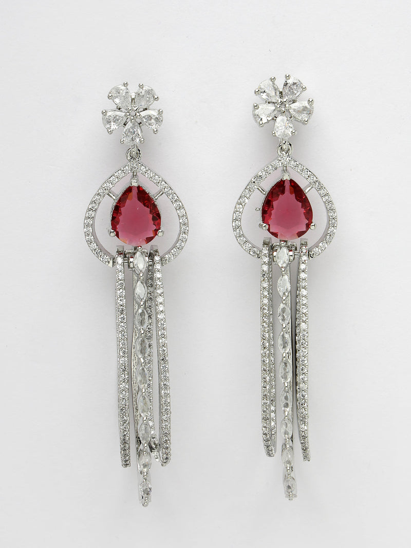 Rhodium Plated with Cluster Design Red & White American Diamond Dangler Earrings