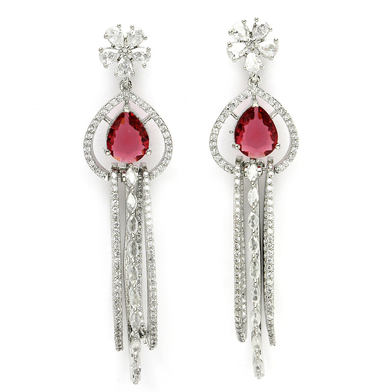 Rhodium Plated with Cluster Design Red & White American Diamond Dangler Earrings