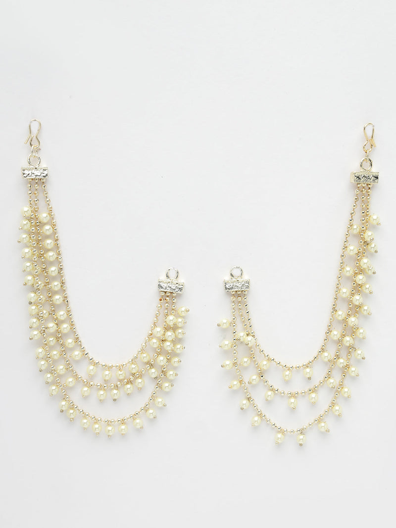 Gold Plated with White Pearls Studded Long Chain Attachment for Earrings