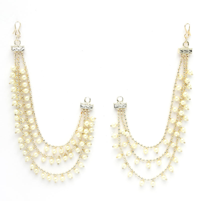 Gold Plated with White Pearls Studded Long Chain Attachment for Earrings