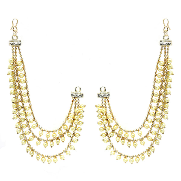 Gold Plated with White Pearls Studded Long Chain Attachment for Earrings