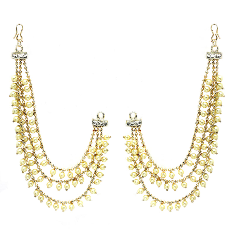 Gold Plated with White Pearls Studded Long Chain Attachment for Earrings