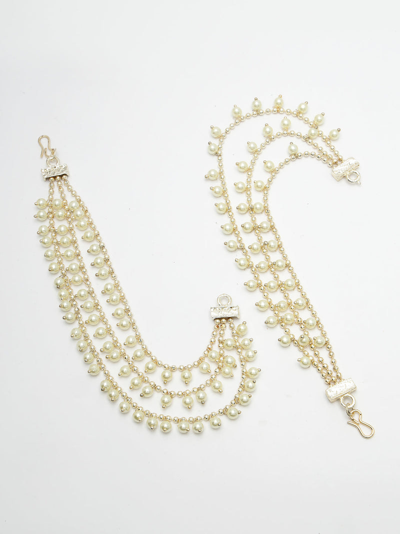 Gold Plated with White Pearls Studded Long Chain Attachment for Earrings