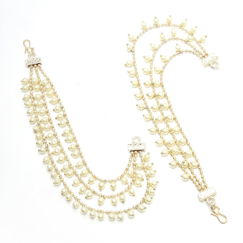 Gold Plated with White Pearls Studded Long Chain Attachment for Earrings