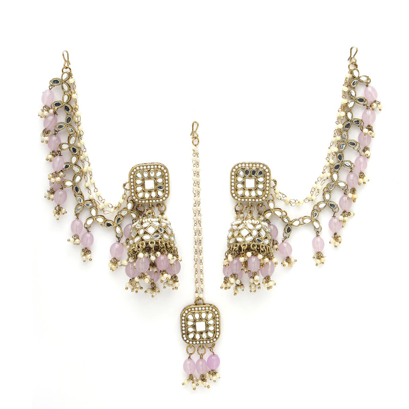 Gold Plated Bahubali Pearl & Kundan Maang Tikka With Earrings