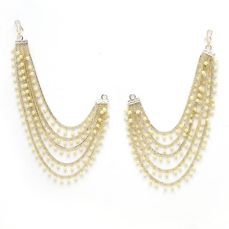 Gold Plated with White Pearls Studded Long Chain Attachment for Earrings