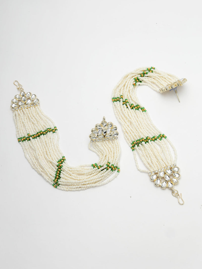 Rhodium Plated with White Pearls Studded Long Chain Attachment for Earrings