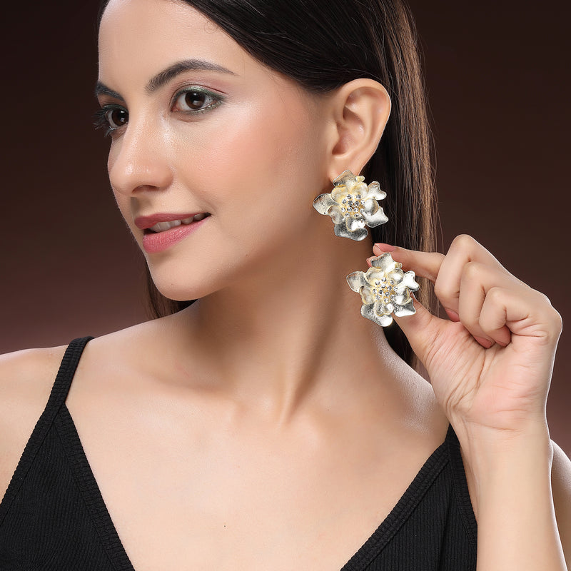 Gold Plated Floral Shaped White Cubic Zirconia Studded Earrings