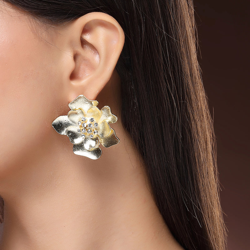 Gold Plated Floral Shaped White Cubic Zirconia Studded Earrings